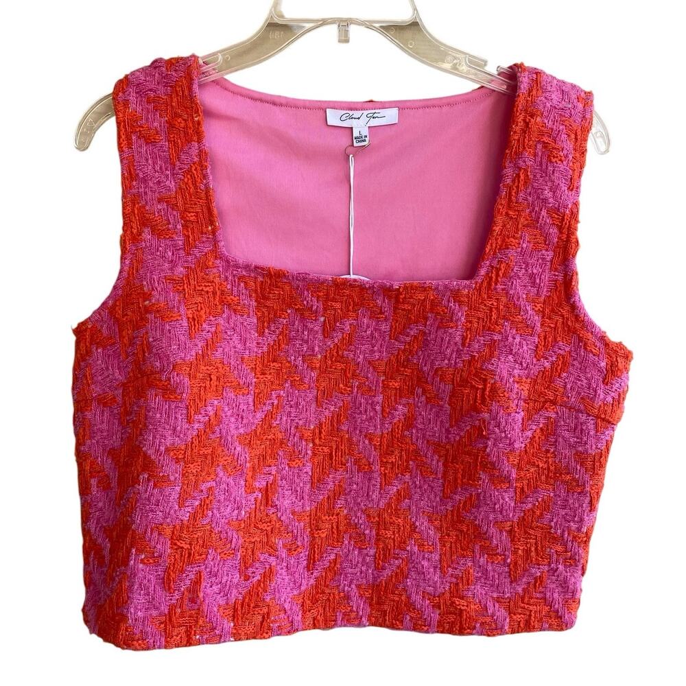 Cloud Ten Tweed Houndstooth Crop Top Pink Orange Square Neck Tank Large NWT